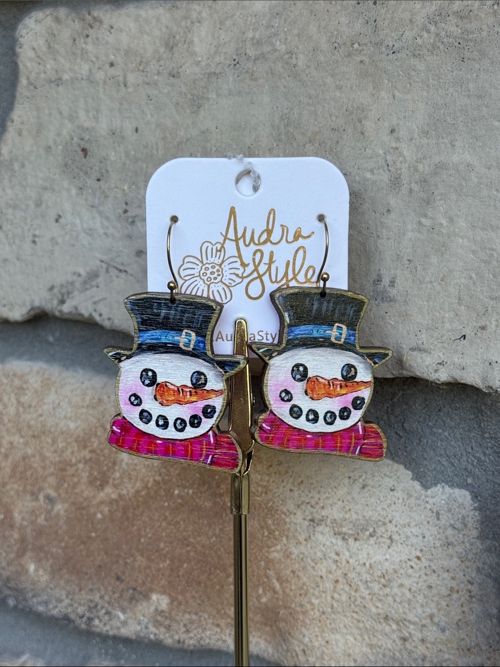 High-end Wood Hand Painted Snowman Earrings - Pink Scarf, Black Hat - Boutique